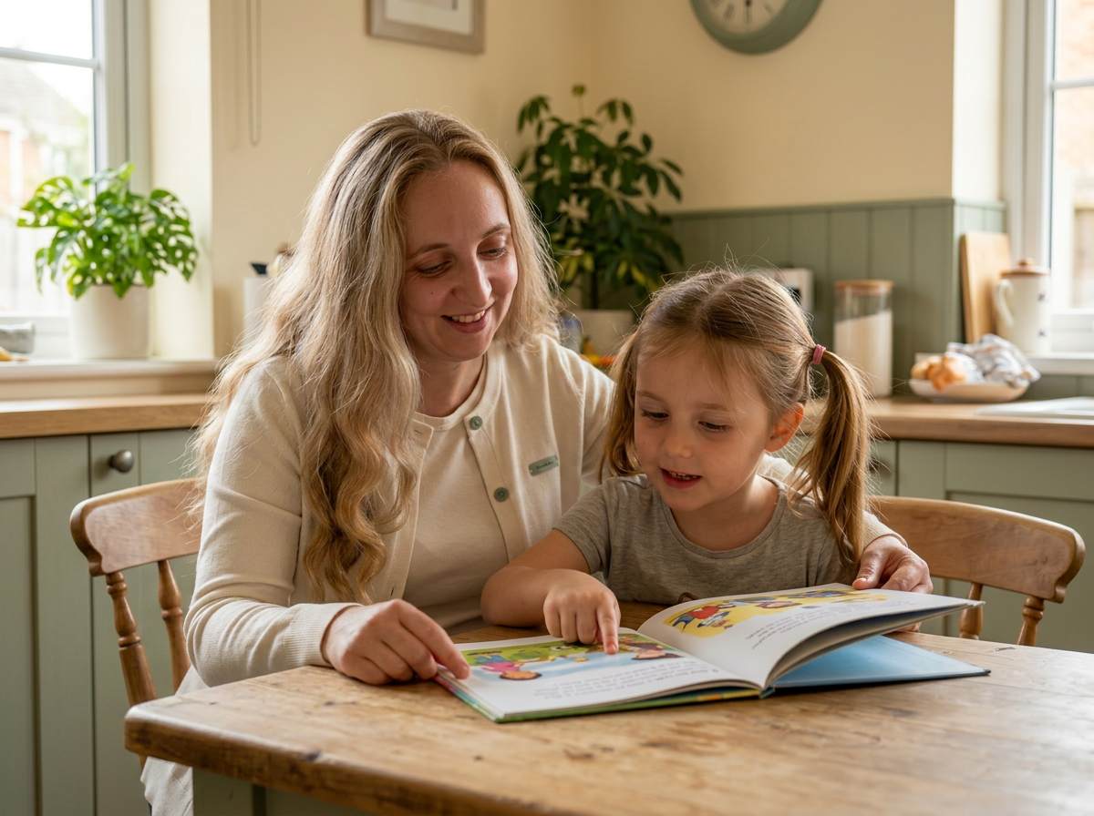 Olivia reading with a young child at a kitchen table